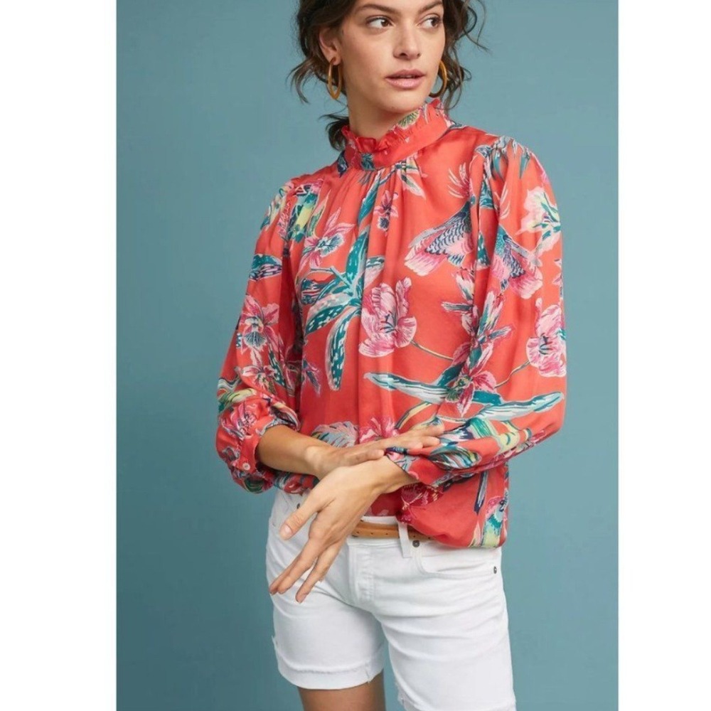 Banjanan Orange Silk Tropical Floral Bird Print Ruffle Neck Blouse Womens XS
